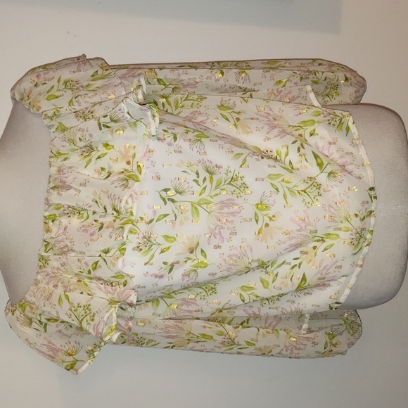 Long balloon Sleeve Pink Floral off white gold pink ruffle blouse size medium - Picture 1 of 11